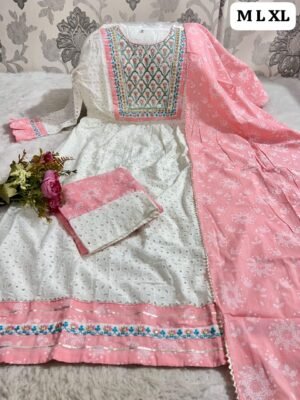 Alternative view of stitched Cotton sifly & cotton nyra cut kurti with lineing sequence emb work with gota lace. cotton print pant & dupptta