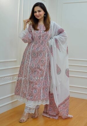 stitched Muslin Silk A-Line Kurti With Pant With Dupatta