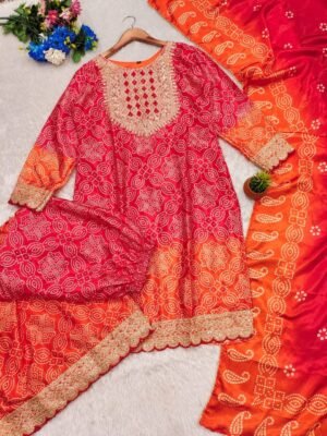 Alternative view of stitched Today We are Launching Exclusively  Festive & Party Wear Heavy Embroidery Work [Bandhej] Print Top Sharara With Dupatta