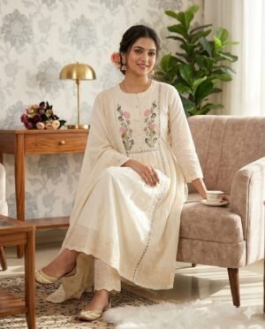 Alternative view of stitched Cotton Dobby Self Zikzak ( lapet ) Shiffli Kurti With Pant With Stall Dupatta