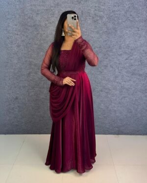 stitched Mox Creation Exclusive arrival  Launching exclusive party wear draping style gown outfit .This beautiful outfit made from premium space silk fabric with complete beads work on yoke part.