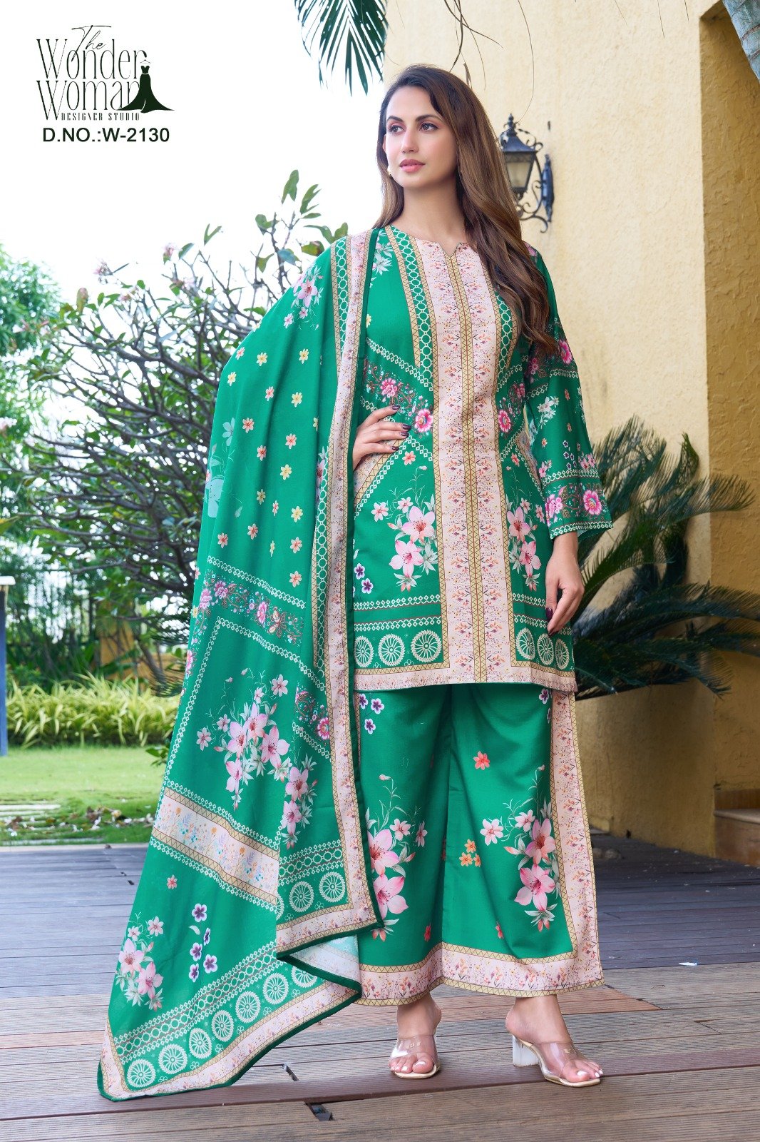 stitched "D.No - W-2130 The Wonder Woman Designer Studio" Blended Reyon with Maslin Duppata .... Grace your look with this elegant Blended Reyon coord set,