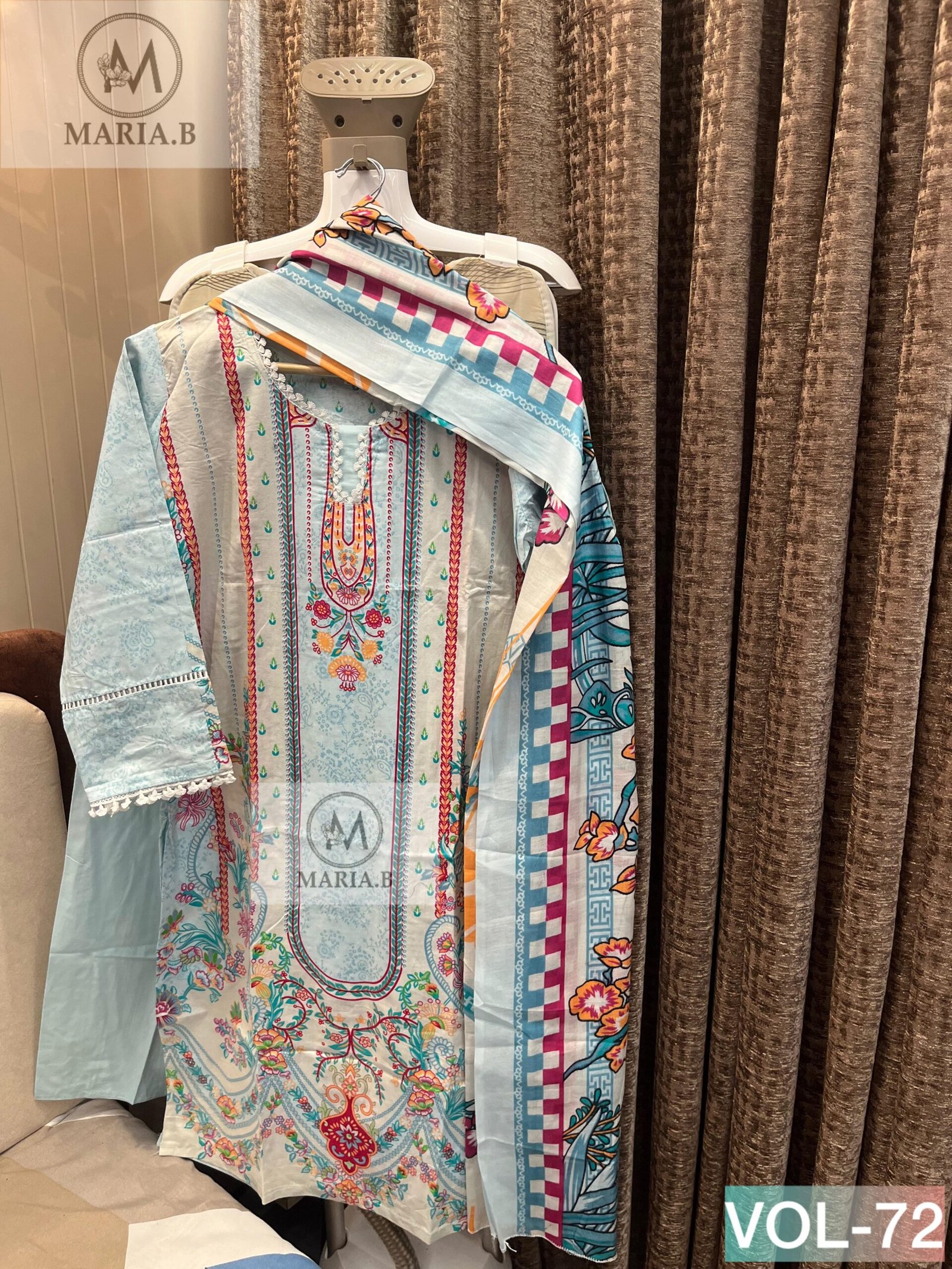 stitched MARIA.B PRESENTS NAME:- STITCH VOL-71 READYMADE COLLECTION PRINTED COTTON STITCHED WITH STITCHED COTTON BOTTOM AND COTTON DUPATTA