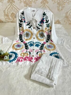 Alternative view of stitched New designer Tesla Slub Cotton co-ord set Embroidery Work with Fumka Lace work