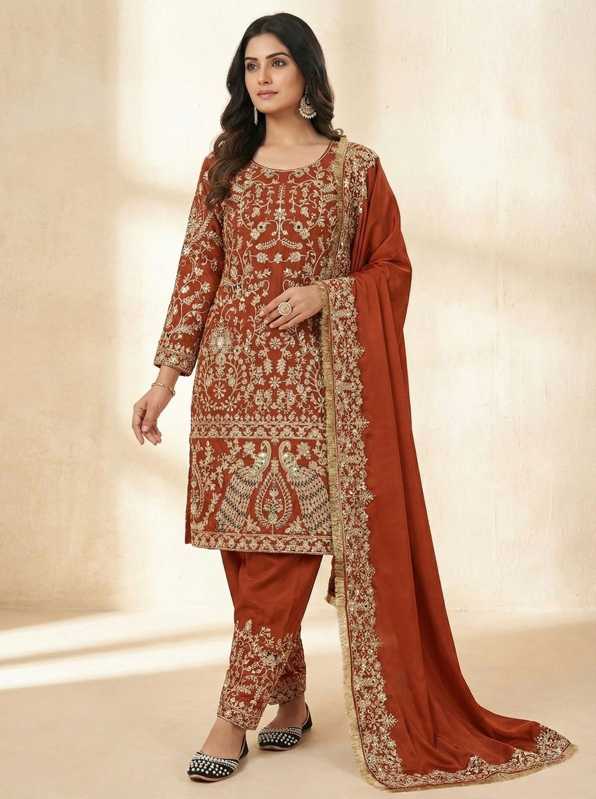 stitched AK-(475) Presenting New Designer Long Panjabi Suit Top , Pant and Dupptta In Fancy Style
