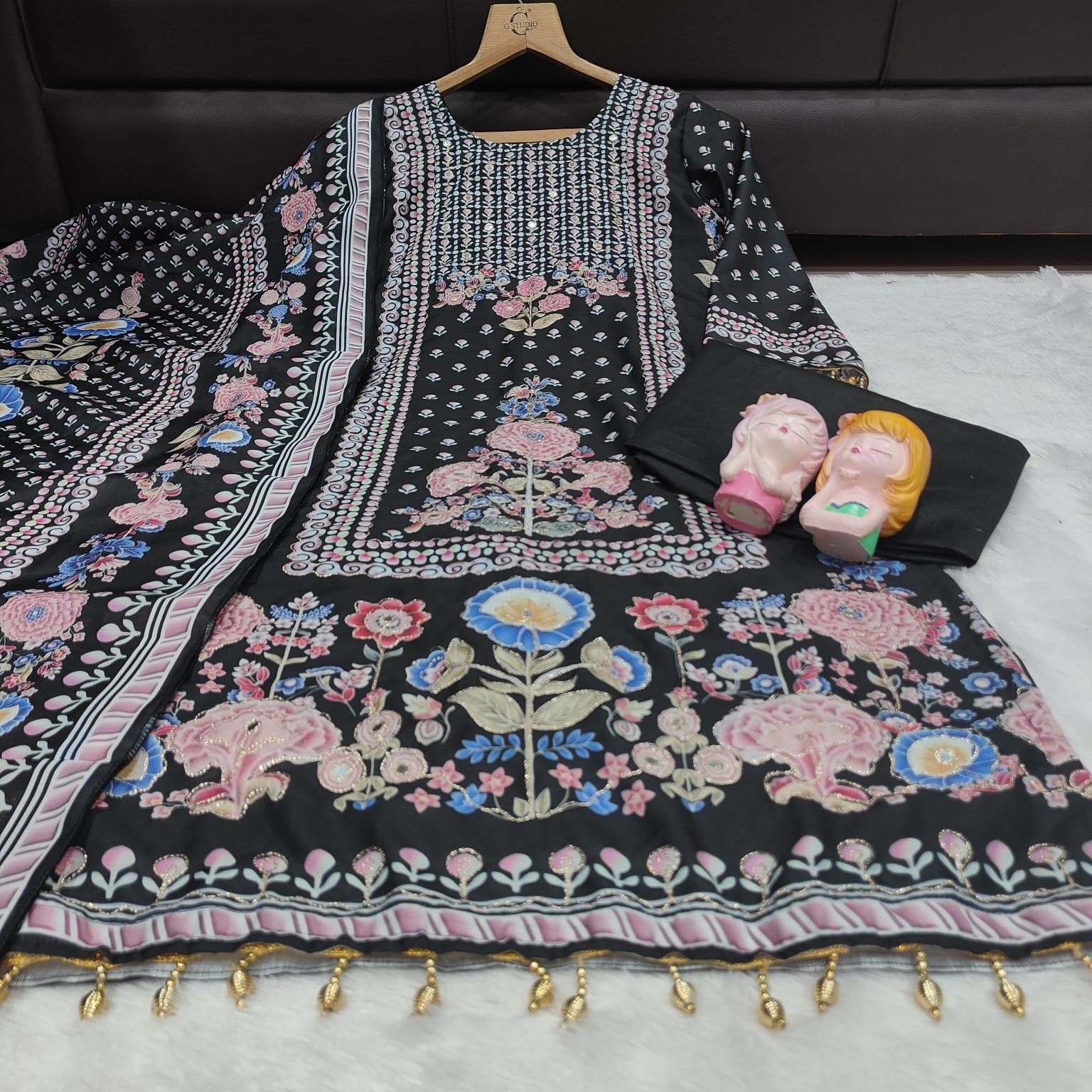 stitched This set is a perfect choice for someone looking for a "Royal Black" look with a touch of colorful ethnic charm! - Image 2