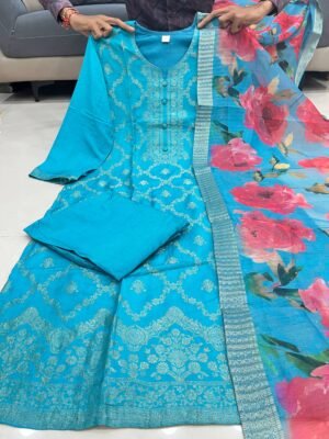 Alternative view of stitched Code • 1305  Featuring Banarasi Silks Suit which is beautifully decorated with Banarasi works. It is absolutely perfect for your upcoming occasions, very easy & breezy.