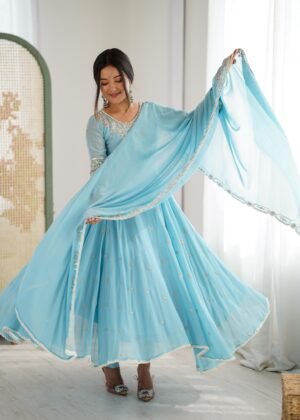 Alternative view of stitched Real Modeling Shoot  AK-5012 — "Elegant Embroidered Rembo Sequence Designer Anarkali Three Piece Set"