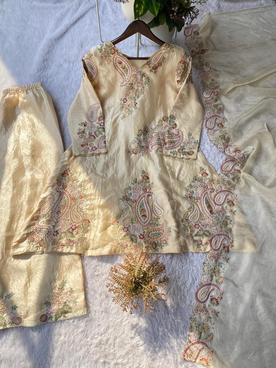stitched PERFECT FOR PARTY AND WEDDING OUR DESIGNER WEAR EMBROIDERED TOP PLAZZO AND DUPATTA IN FENDY - Image 4