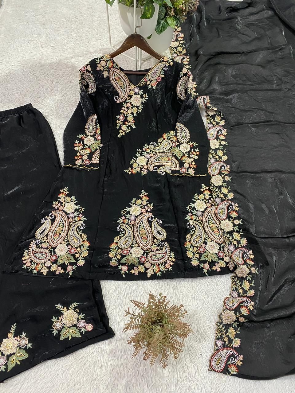 stitched PERFECT FOR PARTY AND WEDDING OUR DESIGNER WEAR EMBROIDERED TOP PLAZZO AND DUPATTA IN FENDY - Image 2