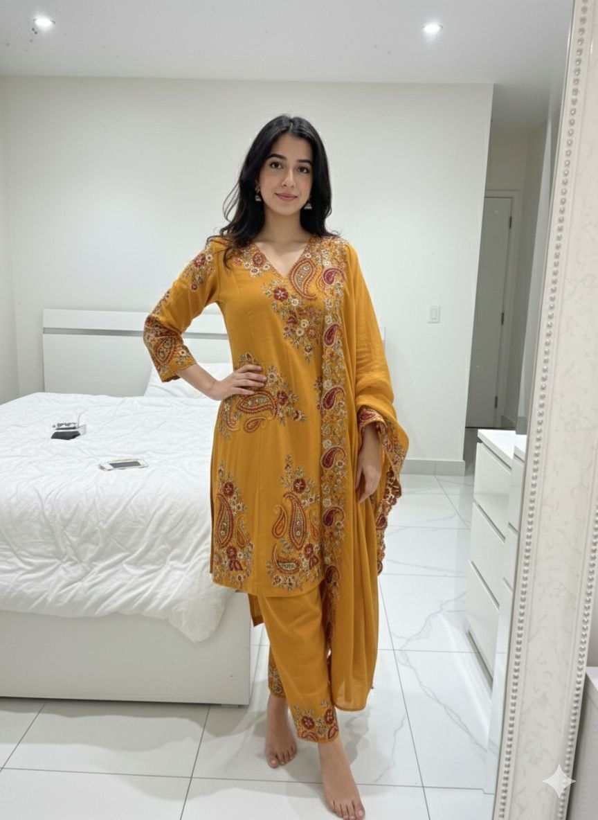 stitched PERFECT FOR PARTY AND WEDDING OUR DESIGNER WEAR EMBROIDERED TOP PLAZZO AND DUPATTA IN FENDY - Image 5