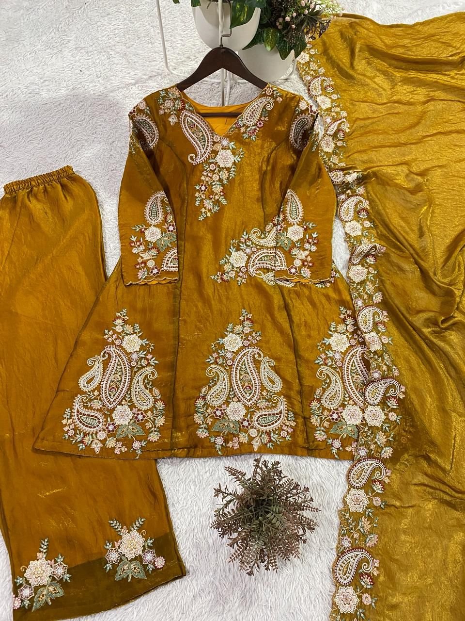 stitched PERFECT FOR PARTY AND WEDDING OUR DESIGNER WEAR EMBROIDERED TOP PLAZZO AND DUPATTA IN FENDY - Image 6