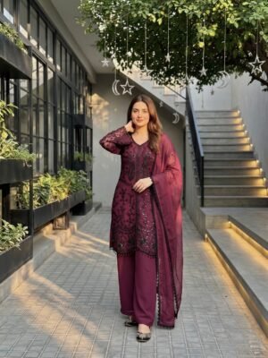 stitched NEW COLOUR ADDED  NEW DESIGNER HEAVY FUAX GEORGETTE  EMBROIDERY WORK 3 PIS SUIT SET