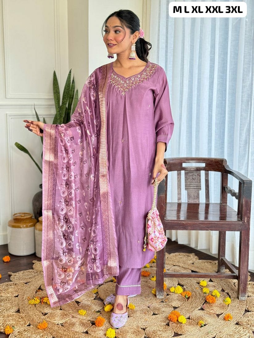 stitched Look straight out of a dreamy movie set as you turn around and walk in this elegant Roman Silk (attached Cotton inner) & Premium Handwork suit.. the perfect blend of traditional wear and chic design.