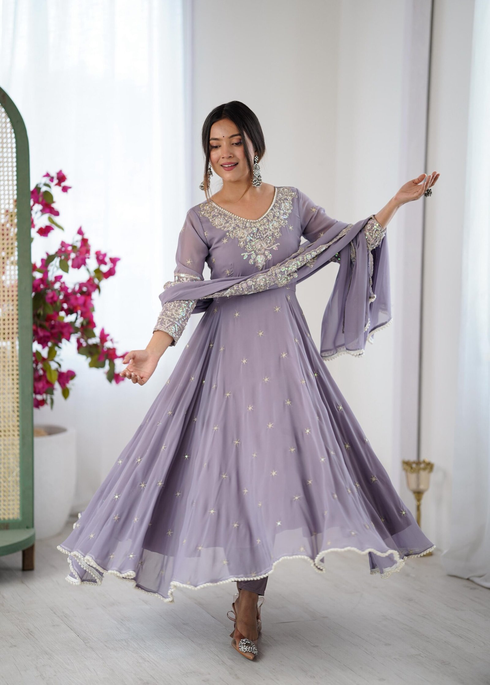 stitched Real Modeling Shoot AK-5012 — "Elegant Embroidered Rembo Sequence Designer Anarkali Three Piece Set" - Image 2