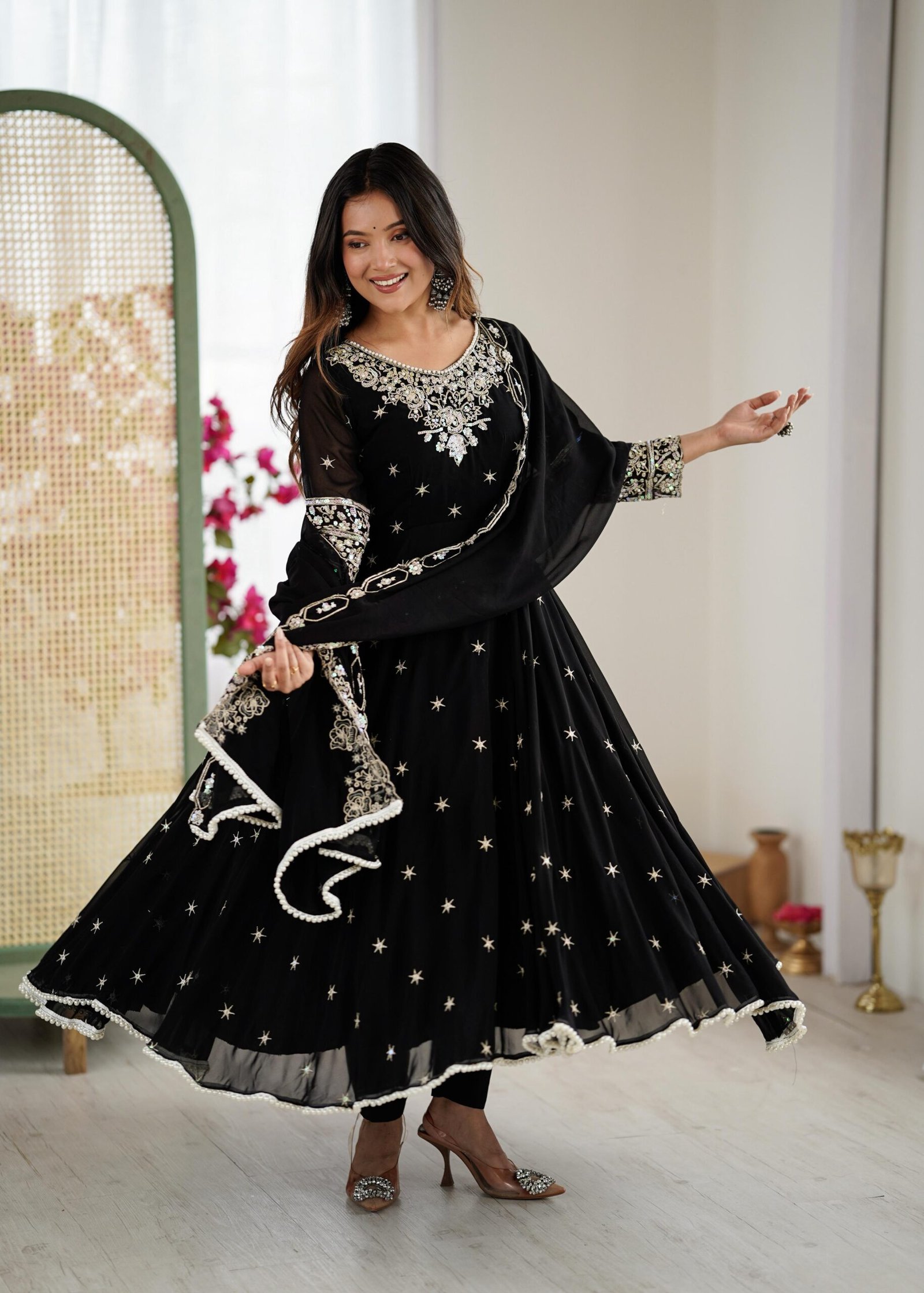 stitched Real Modeling Shoot AK-5012 — "Elegant Embroidered Rembo Sequence Designer Anarkali Three Piece Set" - Image 7