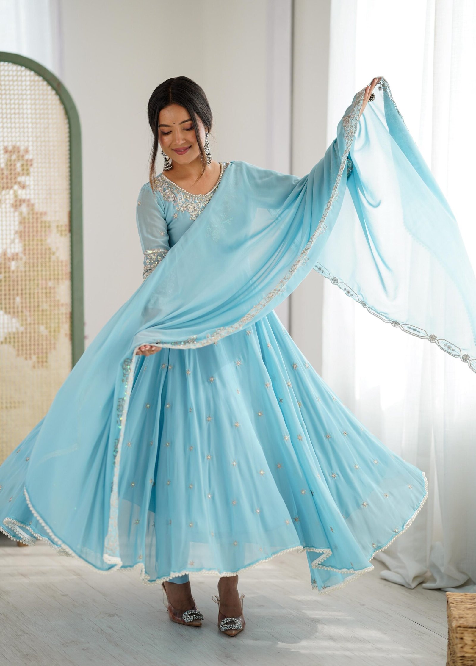 stitched Real Modeling Shoot AK-5012 — "Elegant Embroidered Rembo Sequence Designer Anarkali Three Piece Set"
