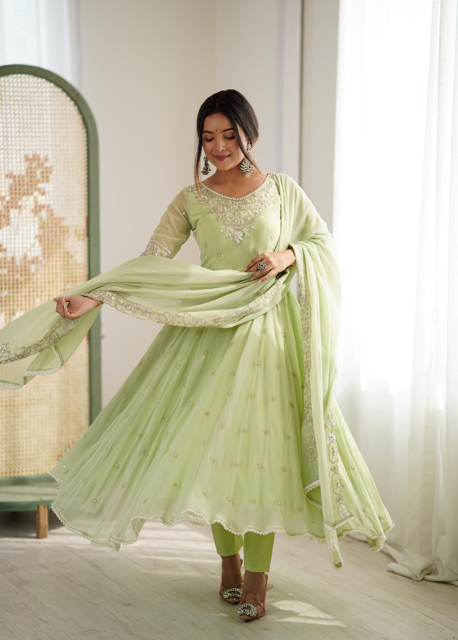 stitched Real Modeling Shoot AK-5012 — "Elegant Embroidered Rembo Sequence Designer Anarkali Three Piece Set" - Image 3