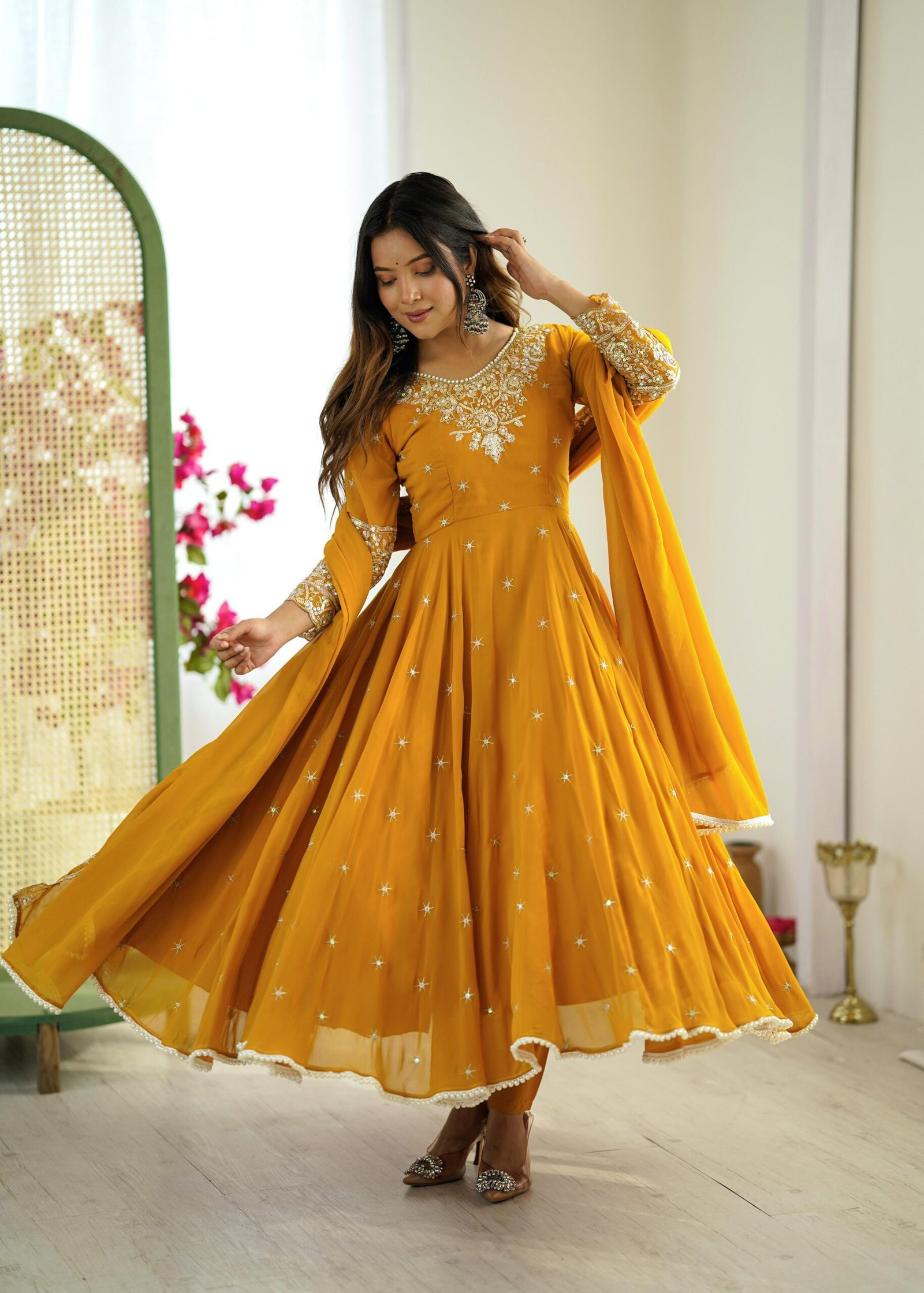 stitched Real Modeling Shoot AK-5012 — "Elegant Embroidered Rembo Sequence Designer Anarkali Three Piece Set" - Image 4