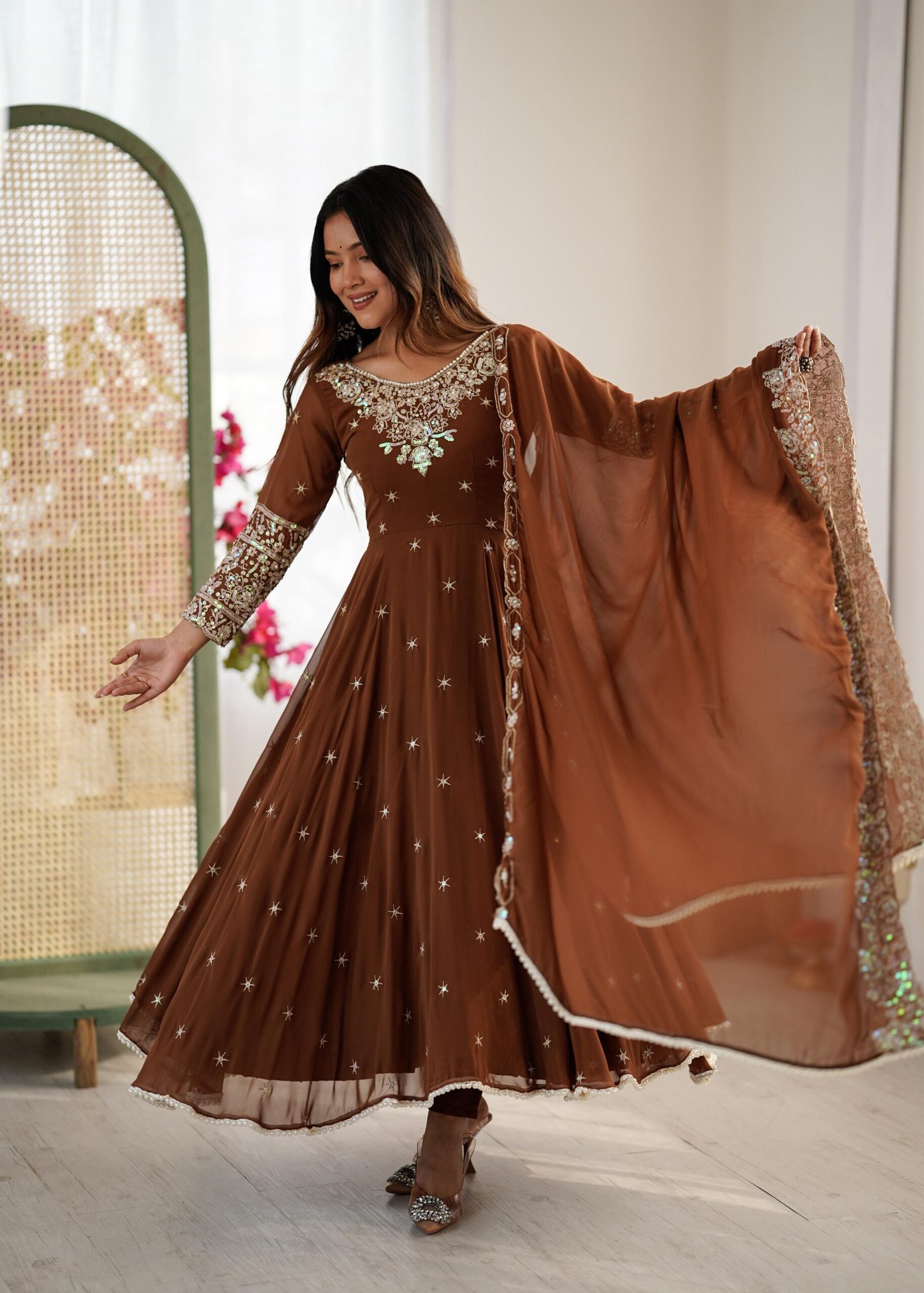 stitched Real Modeling Shoot AK-5012 — "Elegant Embroidered Rembo Sequence Designer Anarkali Three Piece Set" - Image 8