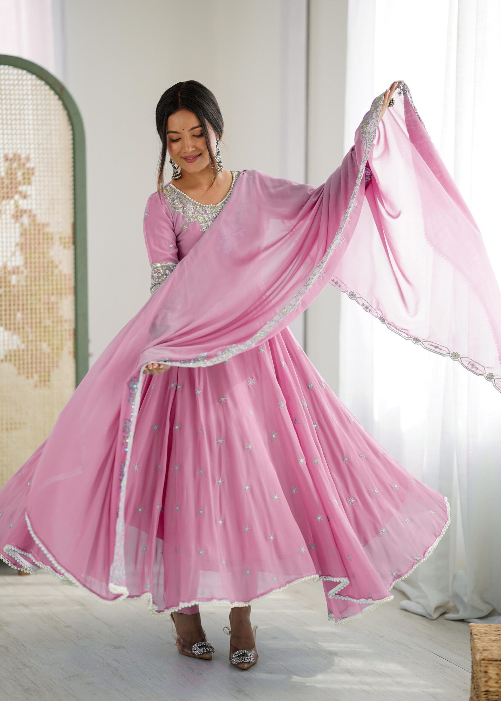 stitched Real Modeling Shoot AK-5012 — "Elegant Embroidered Rembo Sequence Designer Anarkali Three Piece Set" - Image 5