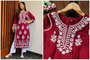 Alternative view of stitched *AK 402*  Fabric Description   KURTI HEAVY RAYON COTTON FABRIC WID CHICKEN KARI STYLE EMBROIDERY WORK