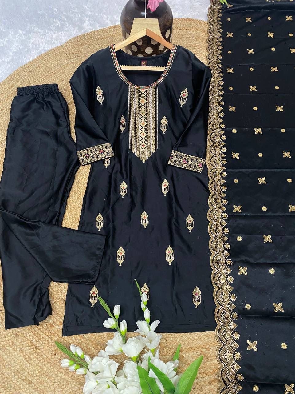 stitched"AK-G70" NEW colour 3-pair kurti Suit Set you've described seems to be a party wear outfit made from Malay satin fabric with With embroidery (3-Pair) - Image 2