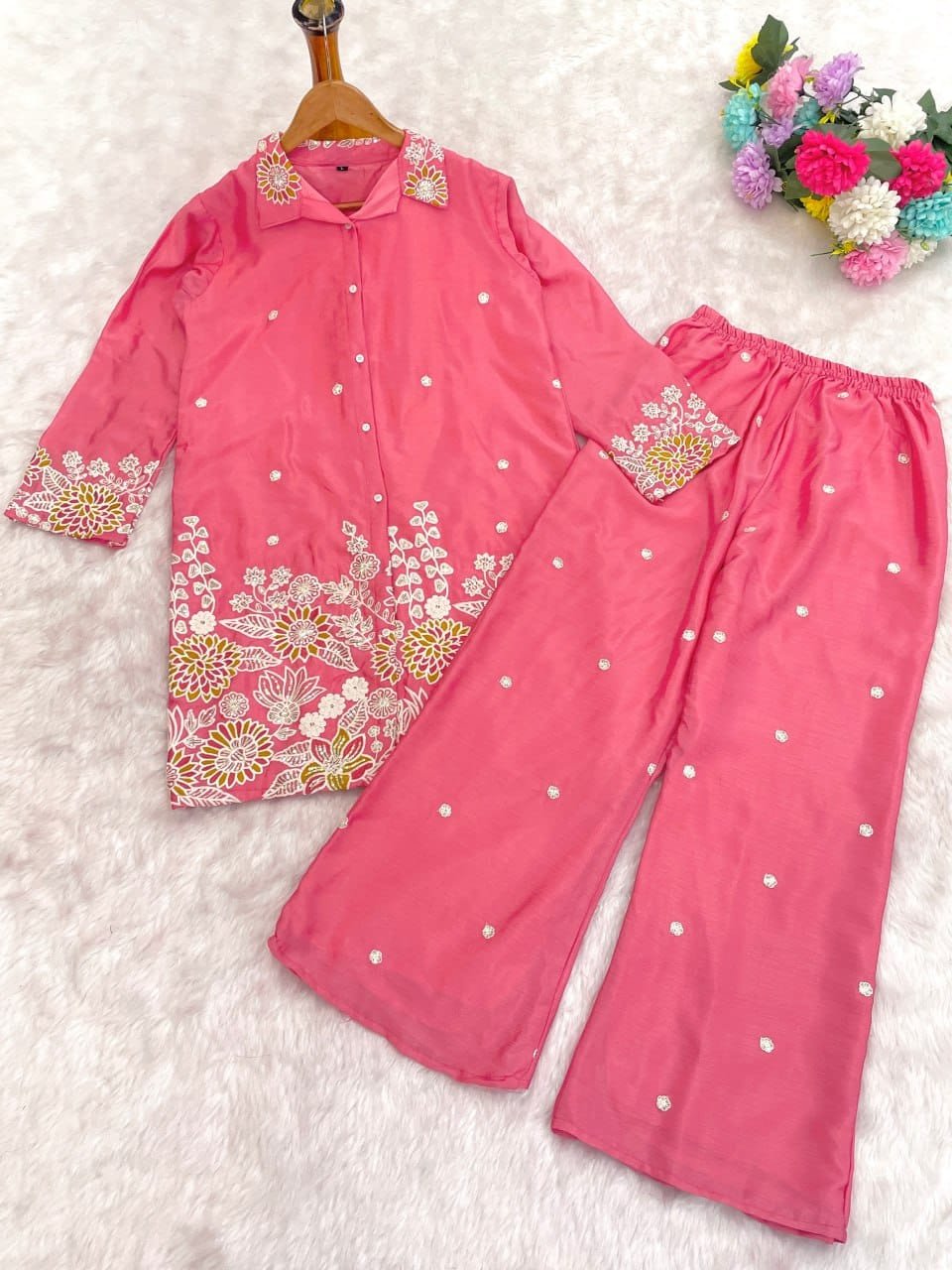 stitched today We are Launching Exclusively Festive & Party Wear Heavy Chinon Slik With Heavy Embroidery Sequence Work With Cord Set Fully Stitched Ready To Wear - Image 2