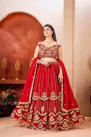 semi stitched  Royal red bridal lehenga with heavy embroidery and premium finish