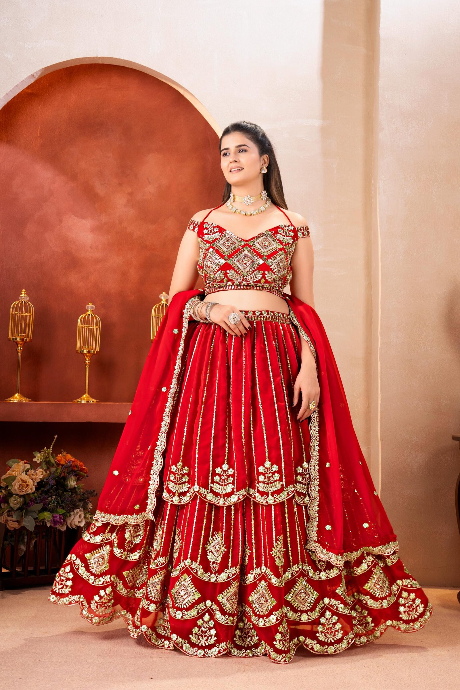 semi stitched Royal red bridal lehenga with heavy embroidery and premium finish