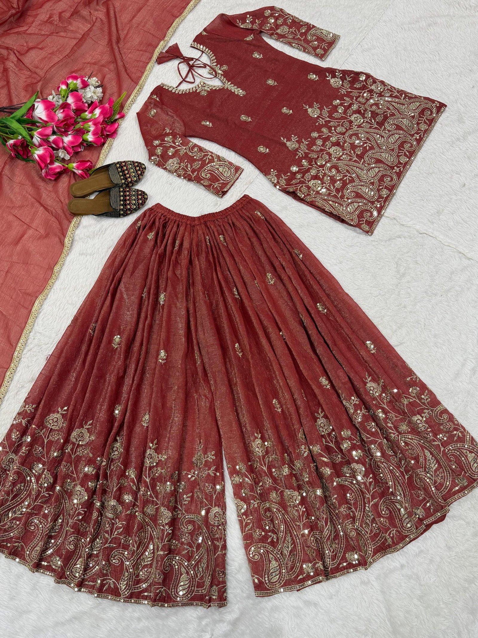 stitched Launching New Designer Party Wear Look Top , Sharara Plazzo and Dupatta, New Fancy Style - Image 2
