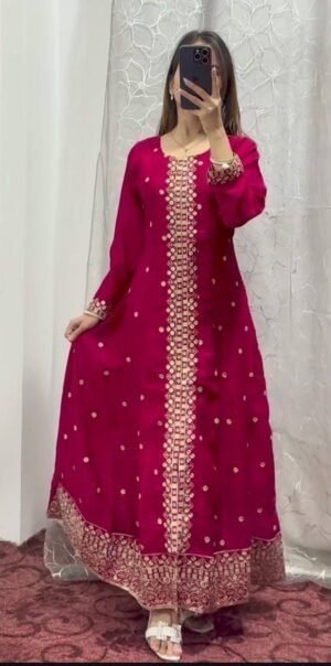 stitched 3-pair Anakrkali Suit Set you've described seems to be a party wear outfit made from have pure chinon  fabric with  sequence  embroidery work .(3-Pair)