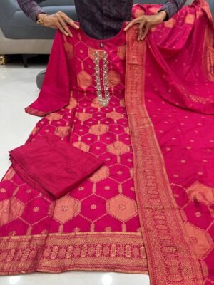 Alternative view of stitched Featuring Beautiful Suit Sets in Pure Banarasi Suit Set Top pent with Beutiful Banarasi duppta , it is beautifully decorated desgins and hand zari wiving Jequard with Full Handwork Nack