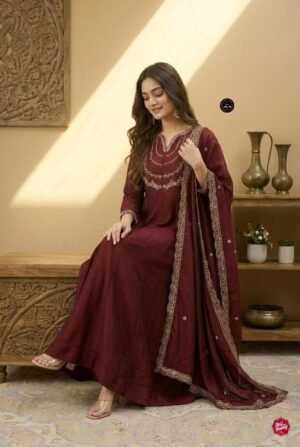 stitched MF 912  Fabric Description   GOWN HEAVY VICHITRA SILK WID HEAVY CODING SEQUENCE WORK