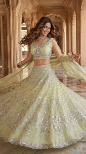 semi stitched AK Launching Foil Mirror Sequins Work, 4 meter flared Butterfly Net Lehenga, Exceptional Quality with Can-Can and Canvas Layers, A Perfect Fusion of Glamour and Comfort  D.No=AK-1644