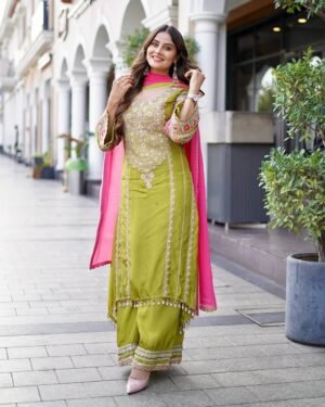 stitched DESIGNER WEAR VICHITRA SILK EMBROIDERED SEQUENCE WORK SALWAR SUIT SET  CODE :- AK- 1672