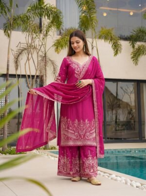 stitched  Elevate your festive style with these stunning embroidered sharara suits – a perfect blend of grace, tradition, and modern charm. Whether it’s a wedding, festive gathering, or celebration, these rich hues of black, rani and purple are designed to make you shine.