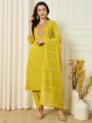 stitched New Designers Kurti Pent Dupatta Set  Fabric :- Roman Silk with Beautiful Embroidery With Sequence Work