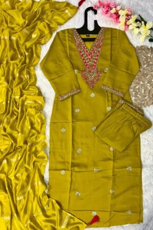 Alternative view of stitched New Designers Kurti Pent Dupatta Set  Fabric :- Roman Silk with Beautiful Embroidery With Sequence Work