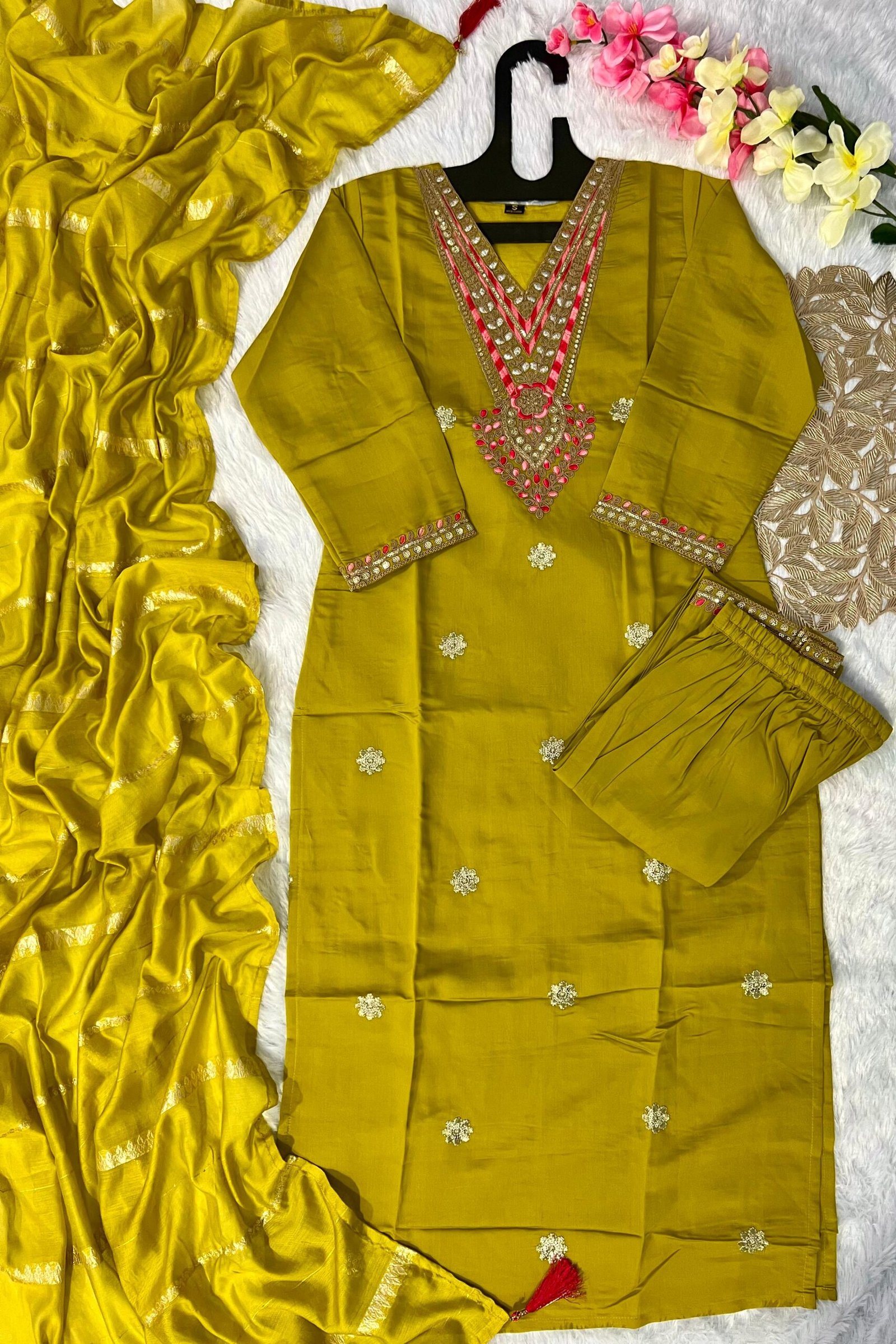 stitched New Designers Kurti Pent Dupatta Set Fabric :- Roman Silk with Beautiful Embroidery With Sequence Work - Image 2