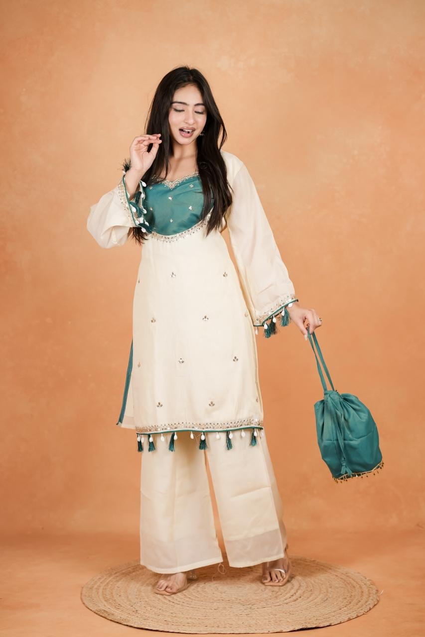 stitched Featuring beautiful Heavy Suit Set which is beautifully decorated Embroidered and Hand work. It is paired with matching Plazzo.Complet Lining with Beautiful work - Image 3