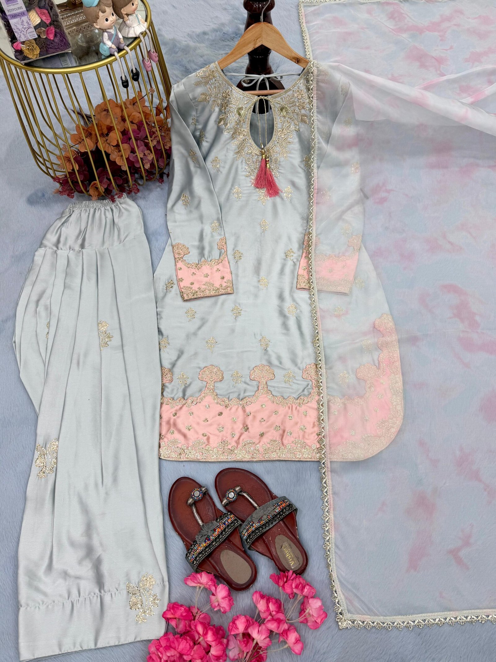 stitched Launching New Đěsigner Party Wear Look Pur Japan Satin Top & Farshi Palazzo With Dupatta set LADY LOOK-042 - Image 2