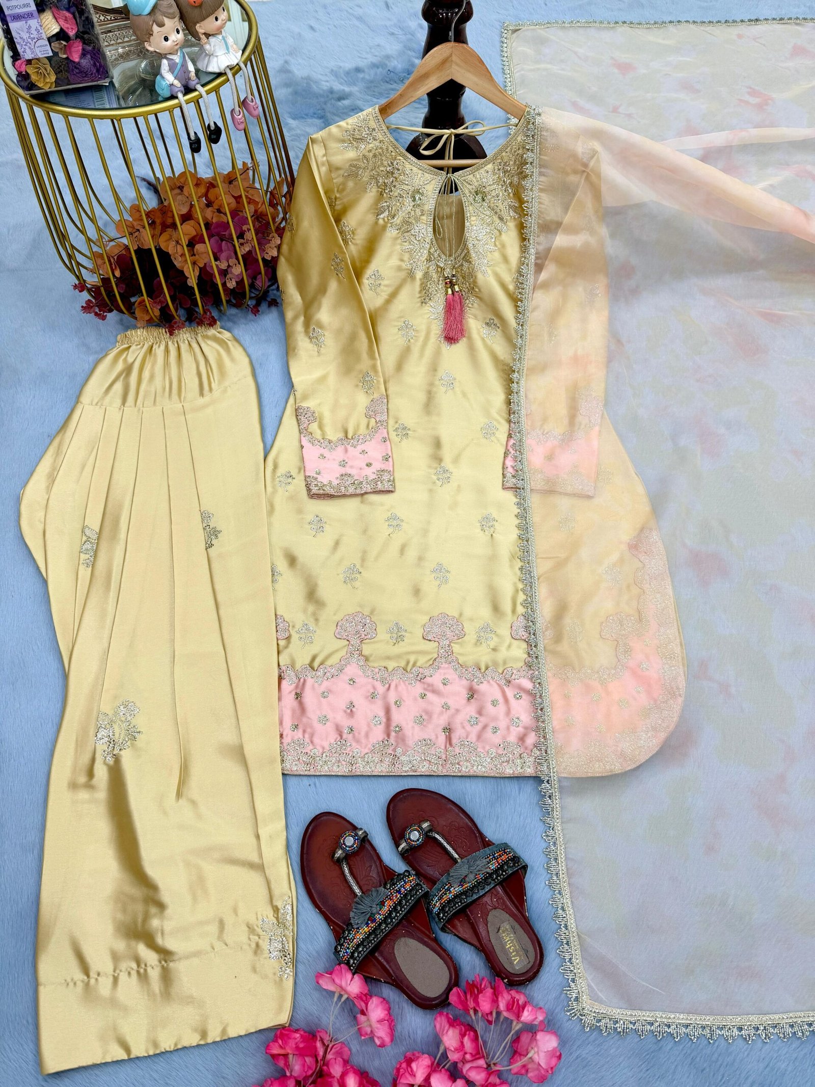 stitched Launching New Đěsigner Party Wear Look Pur Japan Satin Top & Farshi Palazzo With Dupatta set LADY LOOK-042 - Image 4