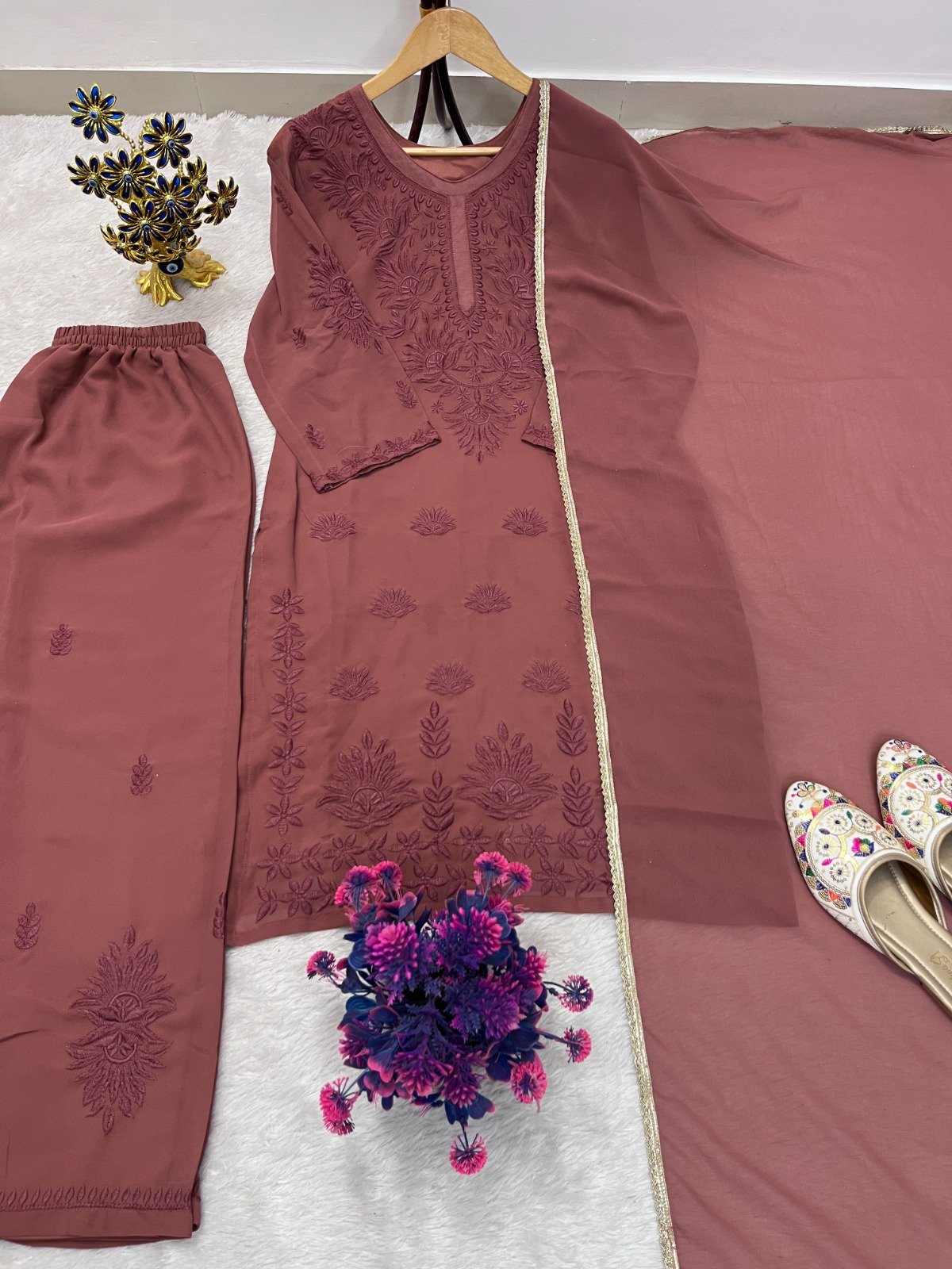 stitched AK COLLECTION PRESENCE NEW PRODUCT D.NO :- AK-7105 SUMMER COLLECTION SPECIAL CHIKANKARI SUIT TOP PLAZZO AND DUPATTA SET - Image 6
