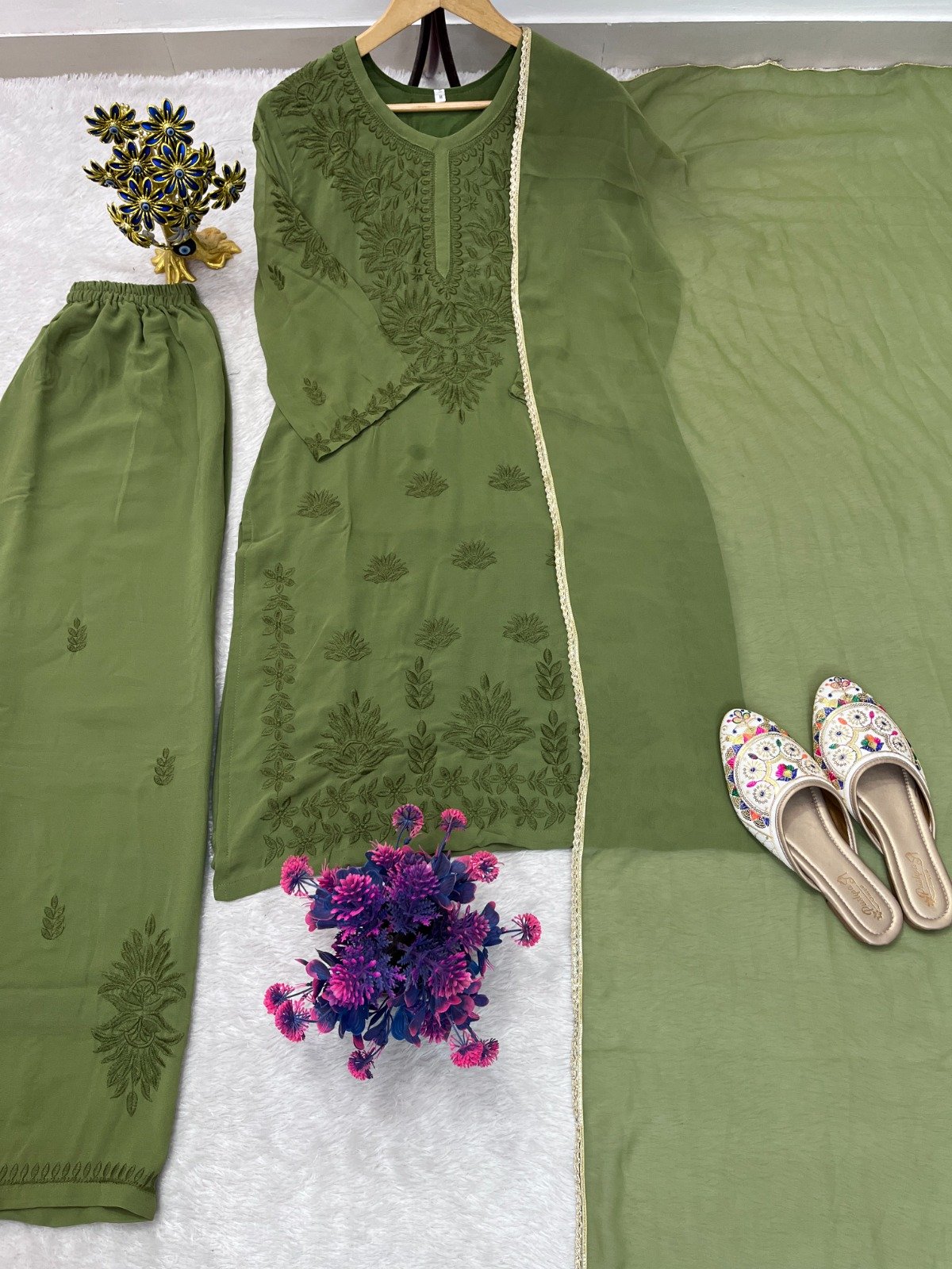 stitched AK COLLECTION PRESENCE NEW PRODUCT D.NO :- AK-7105 SUMMER COLLECTION SPECIAL CHIKANKARI SUIT TOP PLAZZO AND DUPATTA SET - Image 4