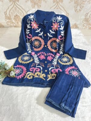 stitched New designer Tesla Slub Cotton co-ord set Embroidery Work with Fumka Lace work