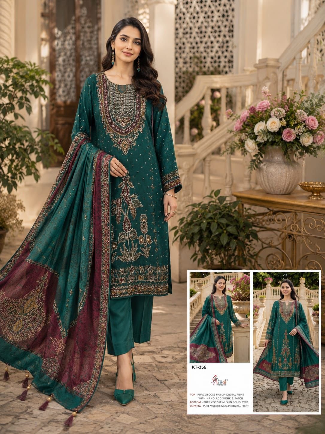 semi stitched DESIGN NO.- KT - 356 Pure Viscous Maslin Digital Print and Aari Work with dimond