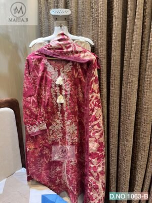 Alternative view of stitched MARIA.B PRESENTS  NAME:- D.NO 1063 COLOURS FULL STITCHED COTTON TOP WITH SELF EMBROIDERY ON NECK & DAMAN (FRONT STITCHED INNER) WITH FANCY TUSSELS, STYLING IN NECK, SLEEVES & DAMAN
