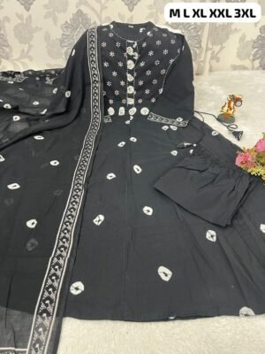 stitched New Arrival: Stunning Bandhani Anarkali Set Elevate your ethnic wardrobe with this beautiful and breezy 3-piece suit set.
