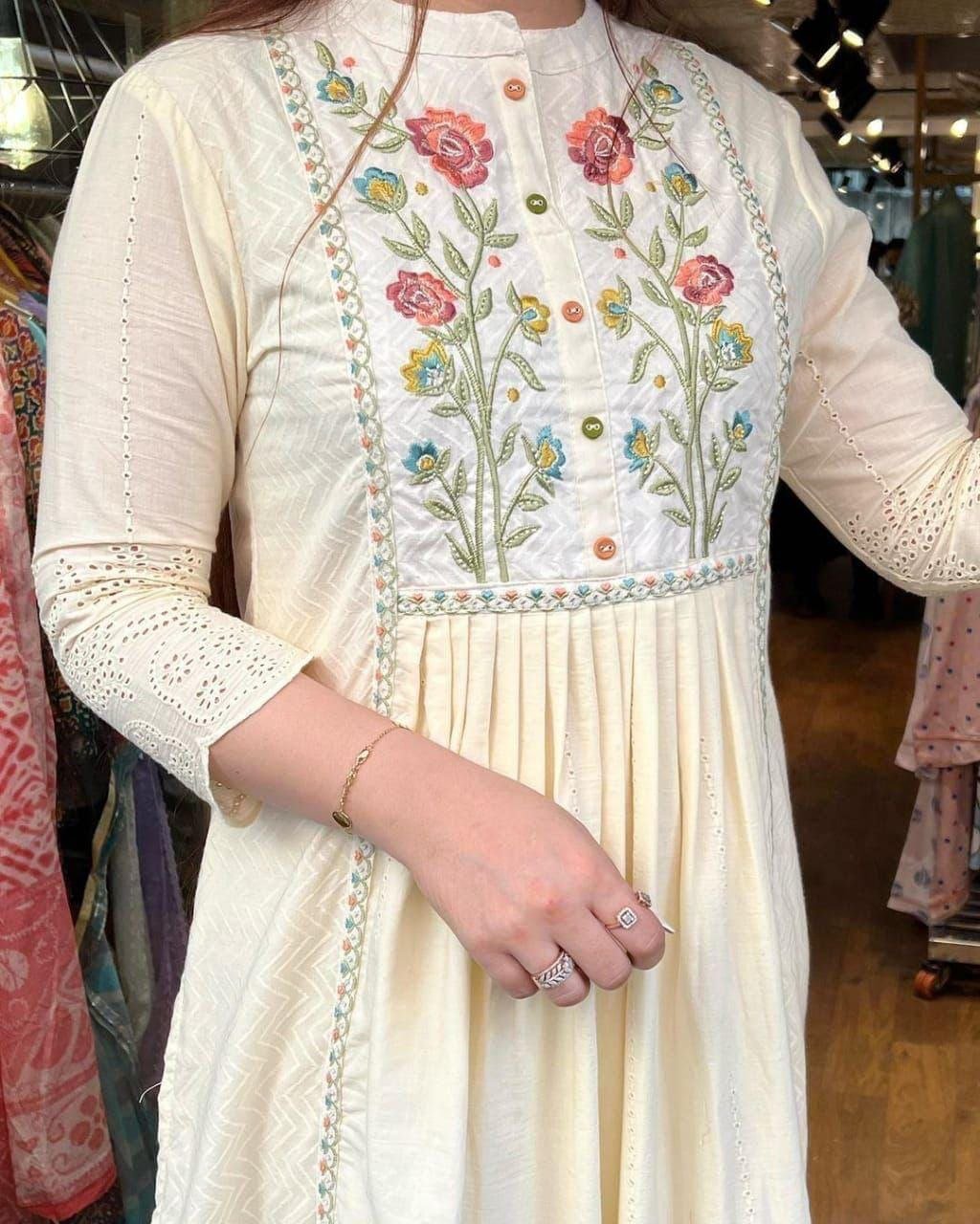 stitched Cotton Dobby Self Zikzak ( lapet ) Shiffli Kurti With Pant With Stall Dupatta